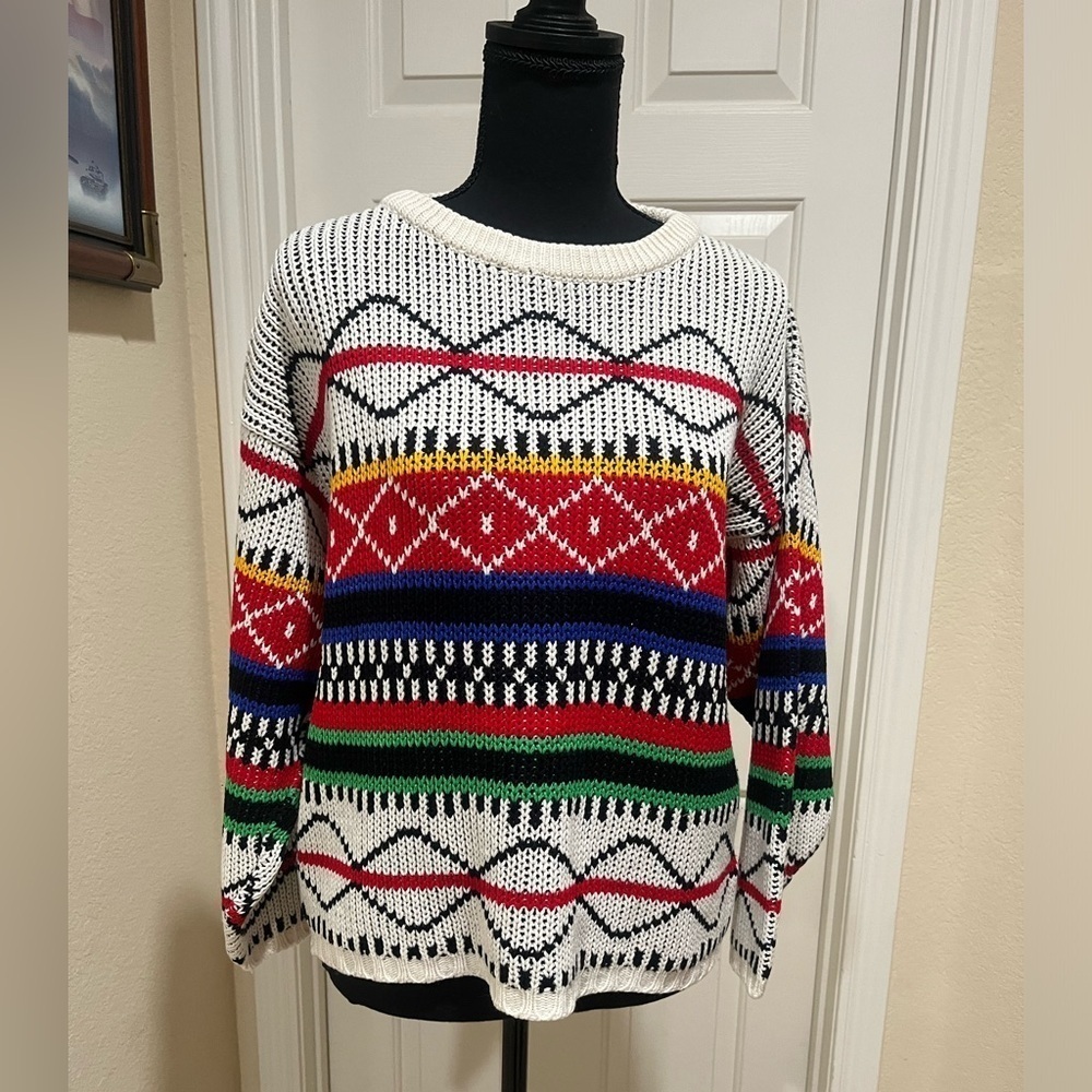 HUNT-CLUB  VINTAGE 90s COLORFUL GEOMETRIC STRIPES SWEATER WOMENS SIZE M.
